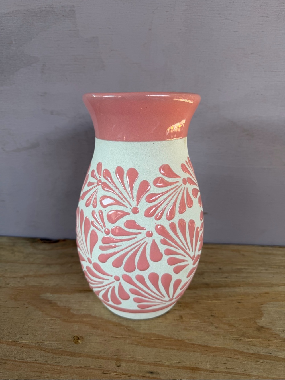 Pink and White Floral Talavera-Engobe Flower Vase